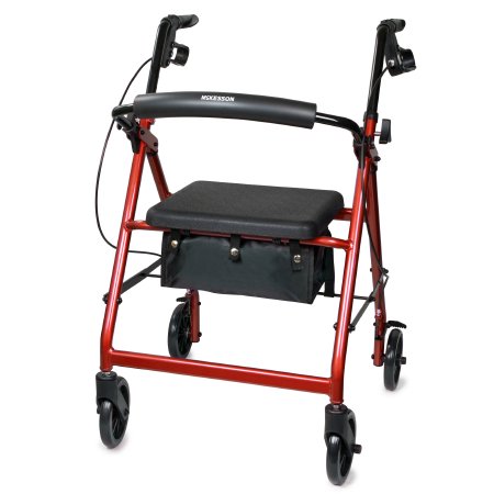 Red Four 4 Wheel Rollator walker with seat and storage.