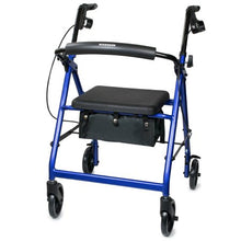 Load image into Gallery viewer, Blue Four 4 Wheel Rollator walker with seat and storage.
