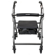 Load image into Gallery viewer, black four 4 wheel rollator walker with seat and storage.
