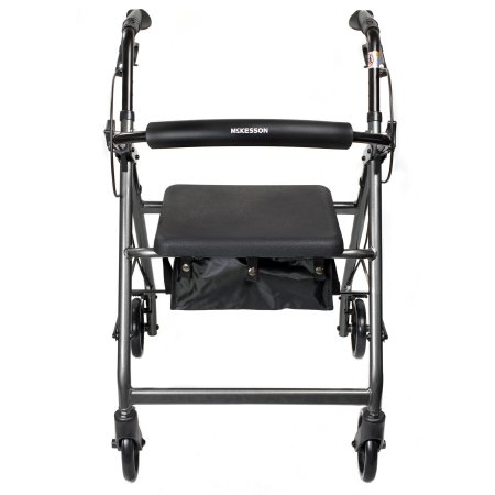 black four 4 wheel rollator walker with seat and storage.